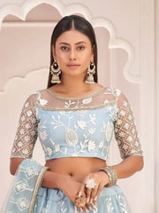 Magnificent Light Sky Blue Butterfly Net Cotton Thread Party Wear Lehenga