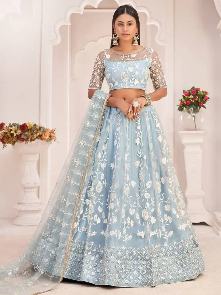 Magnificent Light Sky Blue Butterfly Net Cotton Thread Party Wear Lehenga
