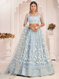Magnificent Light Sky Blue Butterfly Net Cotton Thread Party Wear Lehenga