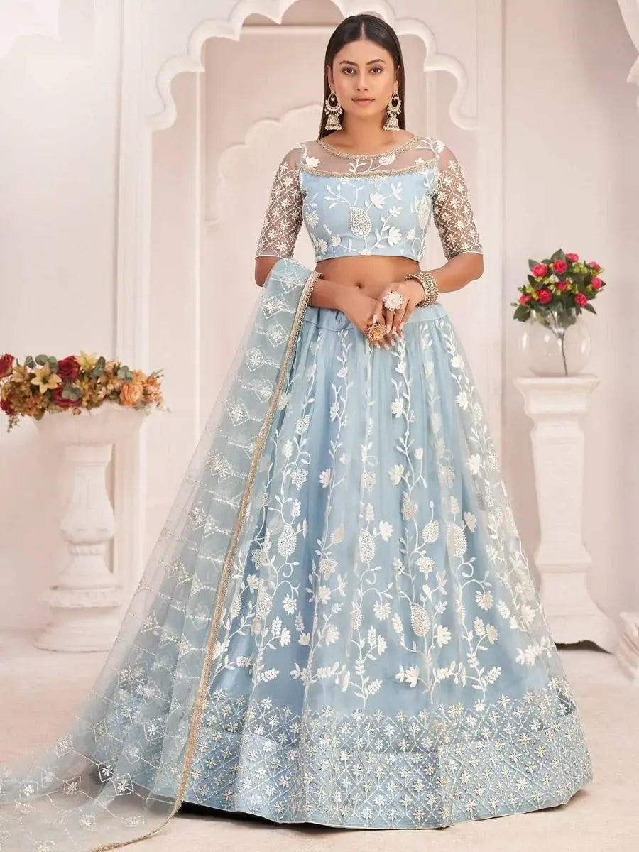 Magnificent Light Sky Blue Butterfly Net Cotton Thread Party Wear Lehenga