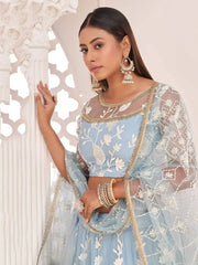 Magnificent Light Sky Blue Butterfly Net Cotton Thread Party Wear Lehenga
