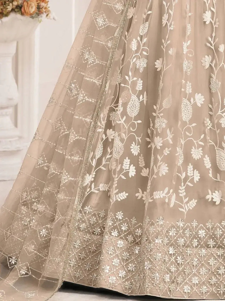 Awesome Beige Thread Embroidered Butterfly Net Lehenga Choli