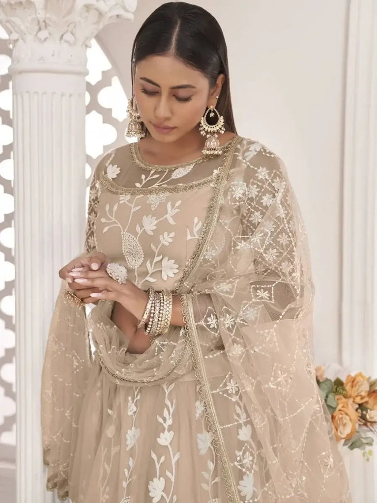 Awesome Beige Thread Embroidered Butterfly Net Lehenga Choli