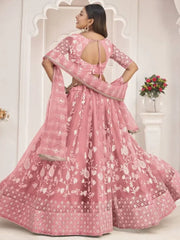 Stunning Peach Thread Embroidered Butterfly Net Lehenga Choli