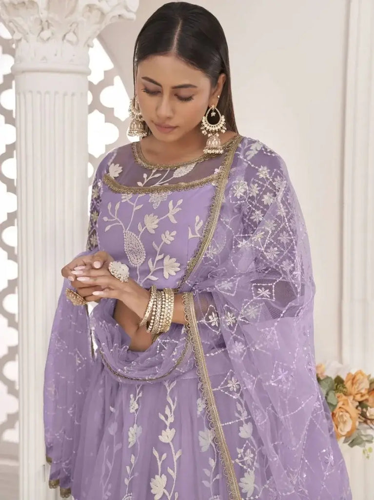 Dazzling Lavender Thread Embroidered Butterfly Net Lehenga Choli