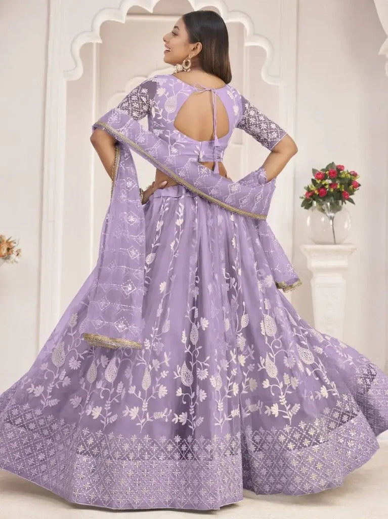 Dazzling Lavender Thread Embroidered Butterfly Net Lehenga Choli