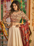 Precious Beige Embroidered Cotton Navratri Chaniya Choli With Dupatta