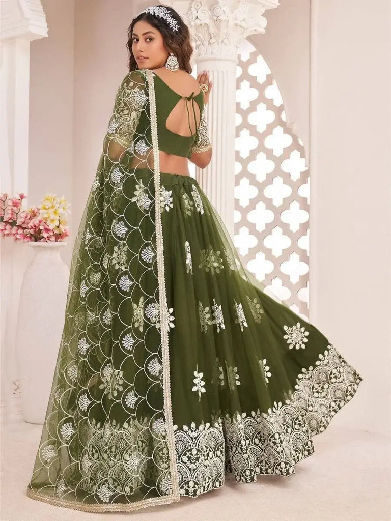 Gorgeous Mehendi Green Butterfly Net Embroidered Party Function Wear Lehenga
