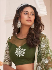 Gorgeous Mehendi Green Butterfly Net Embroidered Party Function Wear Lehenga