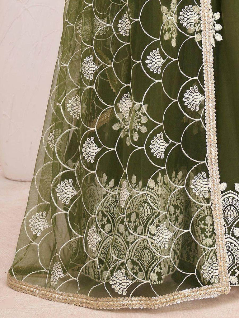 Gorgeous Mehendi Green Butterfly Net Embroidered Party Function Wear Lehenga