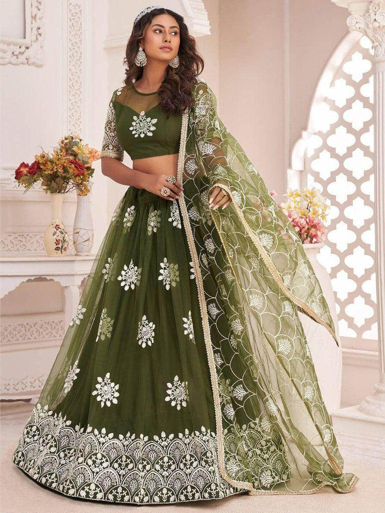 Gorgeous Mehendi Green Butterfly Net Embroidered Party Function Wear Lehenga