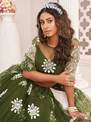 Gorgeous Mehendi Green Butterfly Net Embroidered Party Function Wear Lehenga