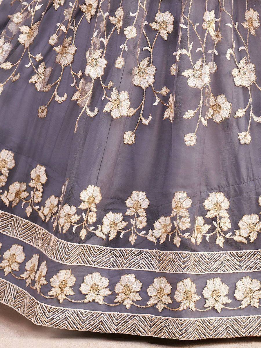 Grey lehenga with gold floral embroidery and geometric border, Indian ethnic wear