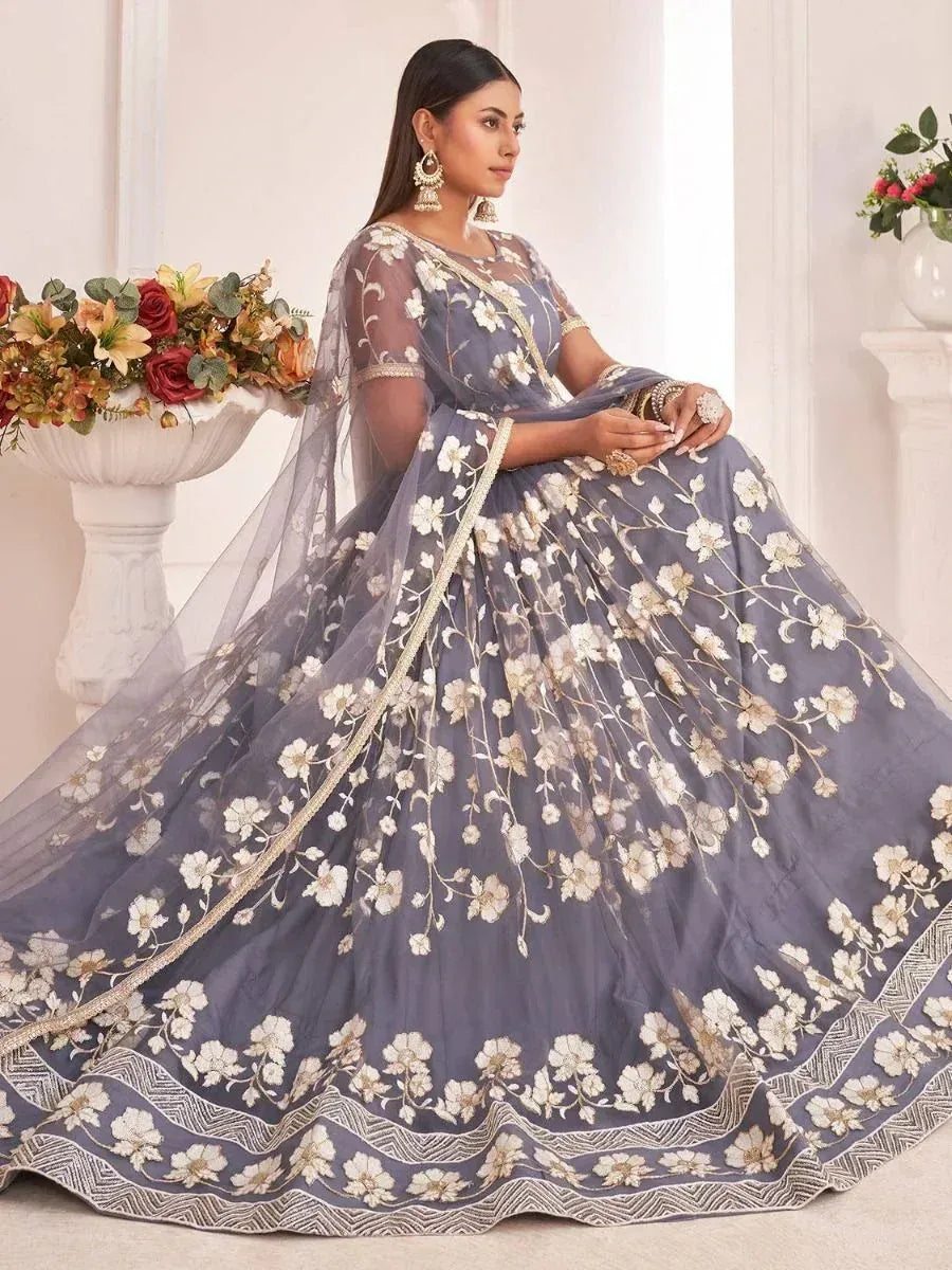 Grey floral embroidered lehenga choli with sheer dupatta, perfect for Indian weddings and festive occasions