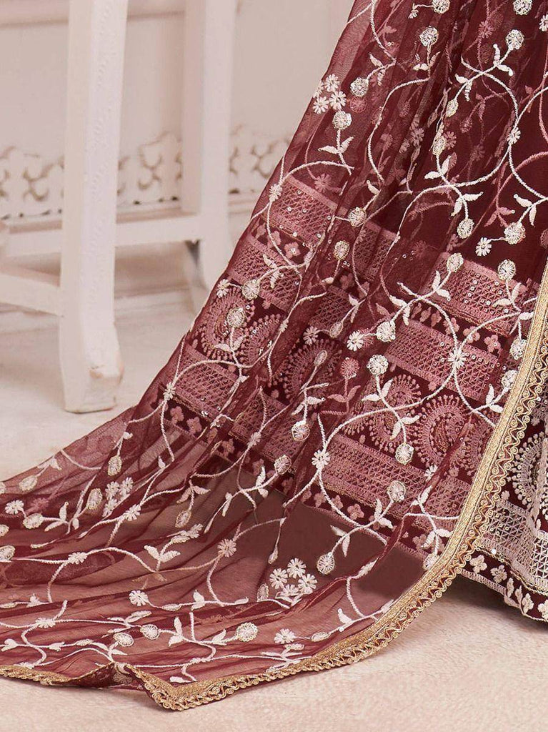 Luxurious Maroon Butterfly Net Embroidered Reception Wear Lehenga Choli