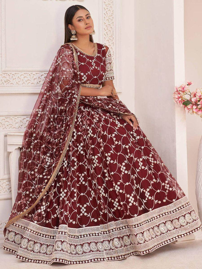 Luxurious Maroon Butterfly Net Embroidered Reception Wear Lehenga Choli