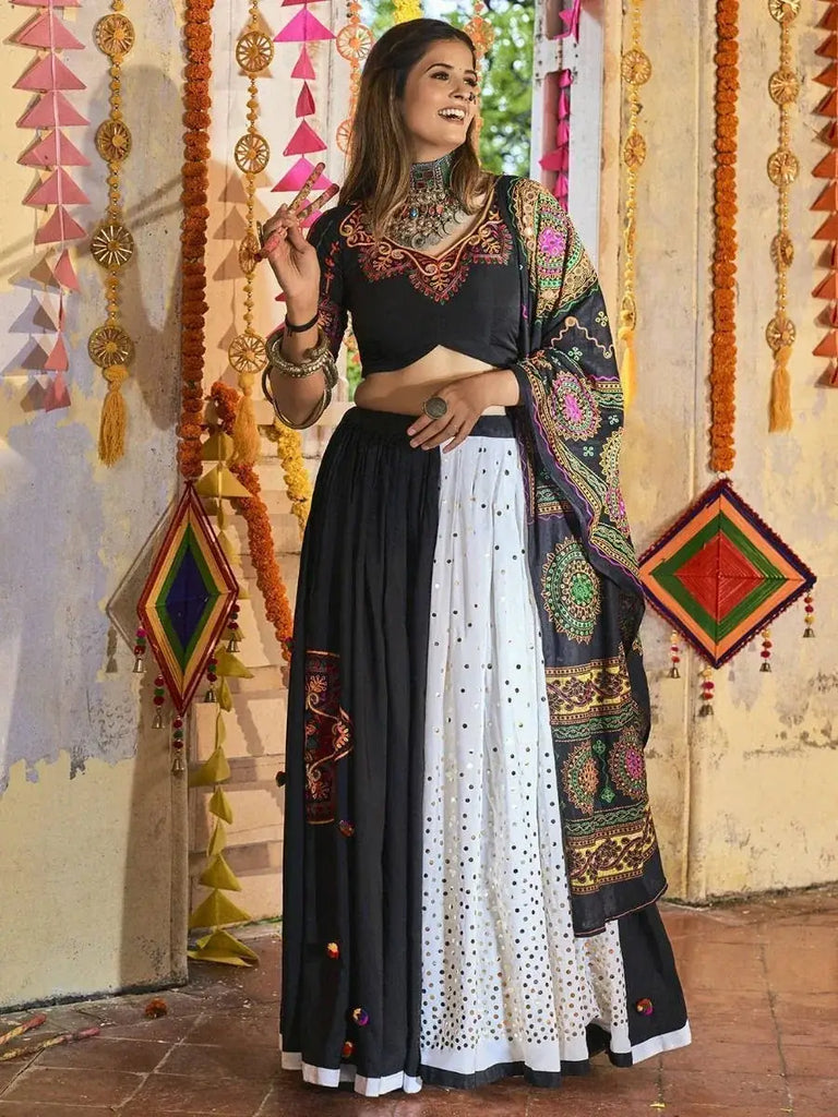 Unbeatable Black & White Cotton Mirror Navratri Festival Lehenga Choli