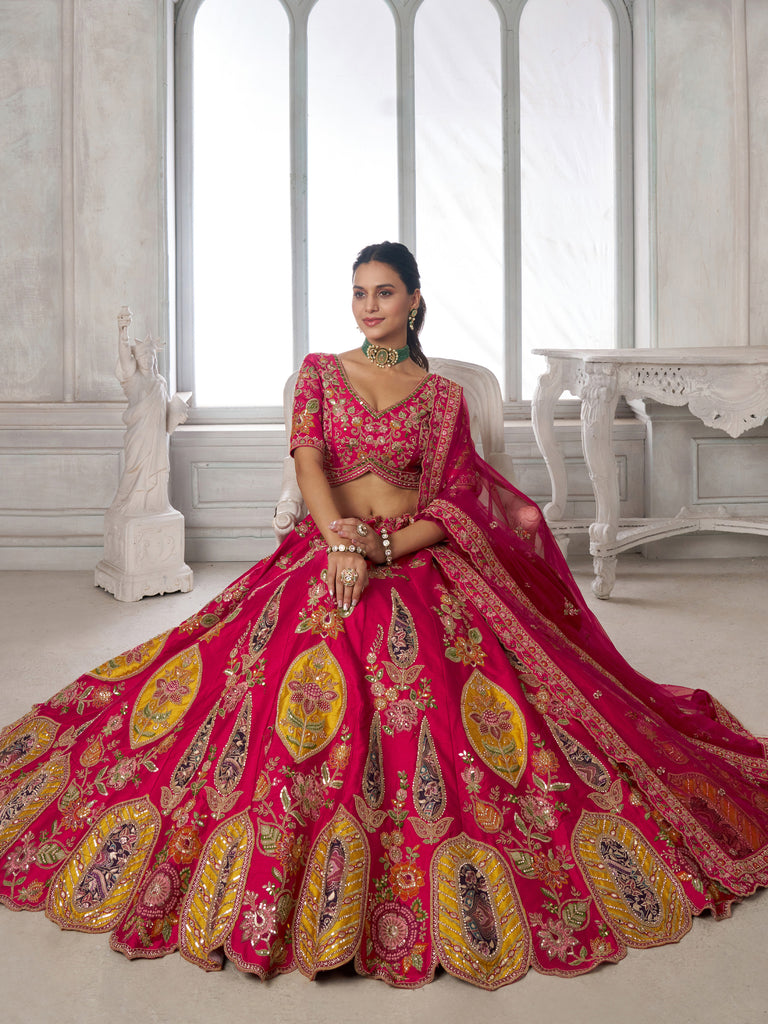 Rich Rani Pink Heavy Embroidery Silk Bridal Lehenga Choli With Dupatta