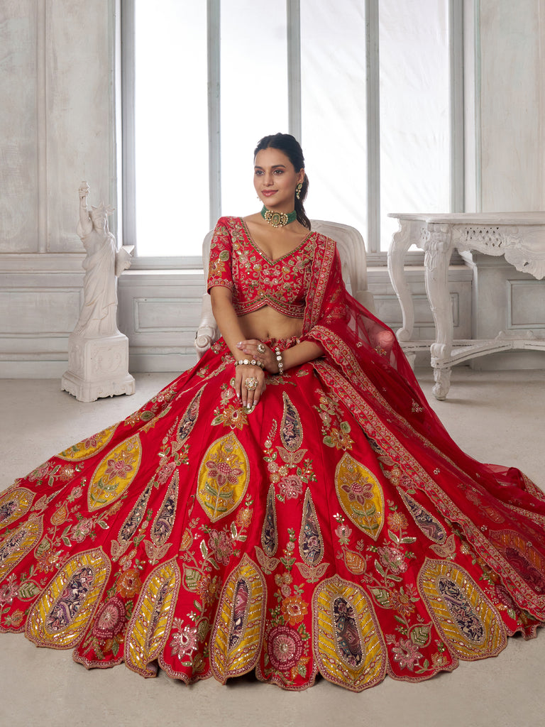 Royal Red Zari Work Silk Bridal Lehenga Choli With Dupatta