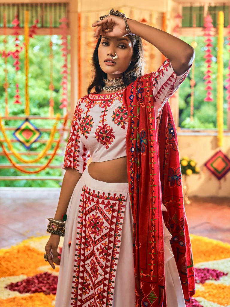 Admiral White Embroidered Cotton Traditional Wear Chaniya Choli