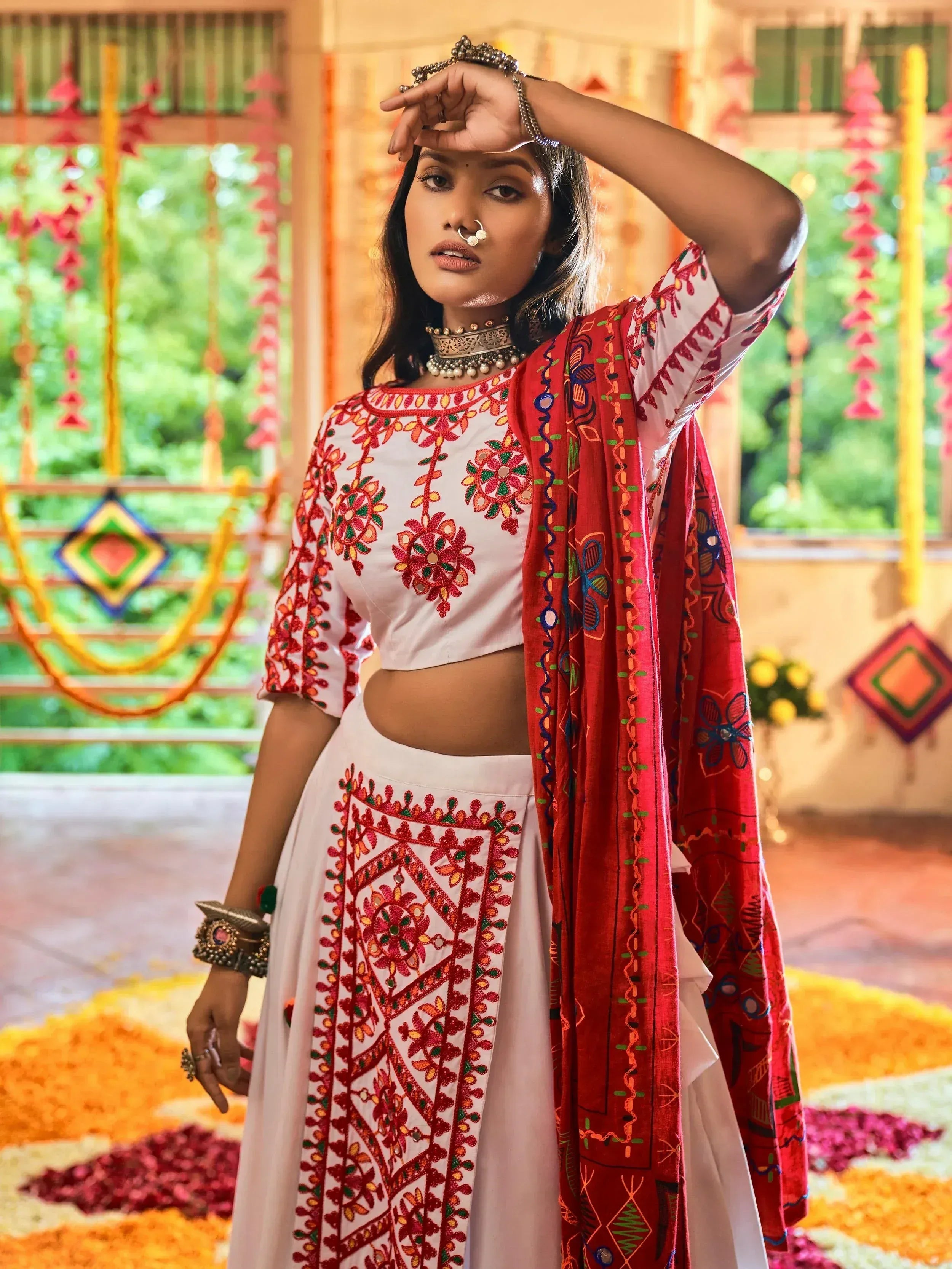 White embroidered crop top with red dupatta, ethnic Indian wear for festive occasions