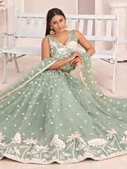 Ravishing Pista Green Butterfly Net White Cotton Thread Perfect Party Look Lehenga