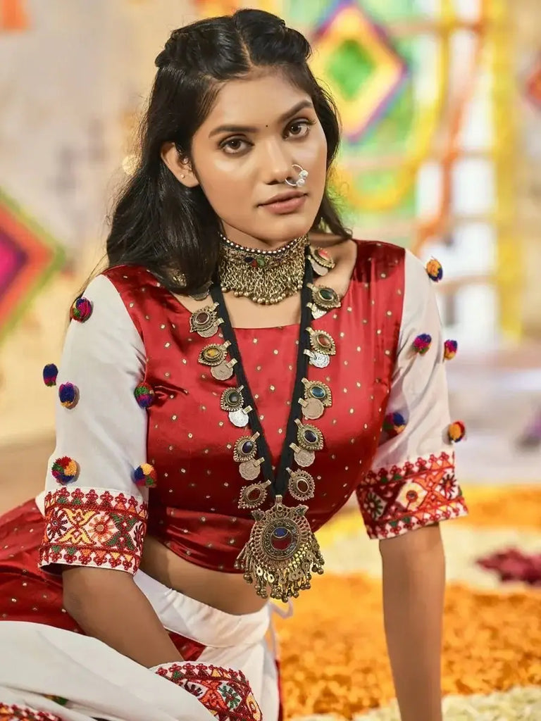Traditional White & Red Embroidered Cotton Navratri Ghaghra Choli