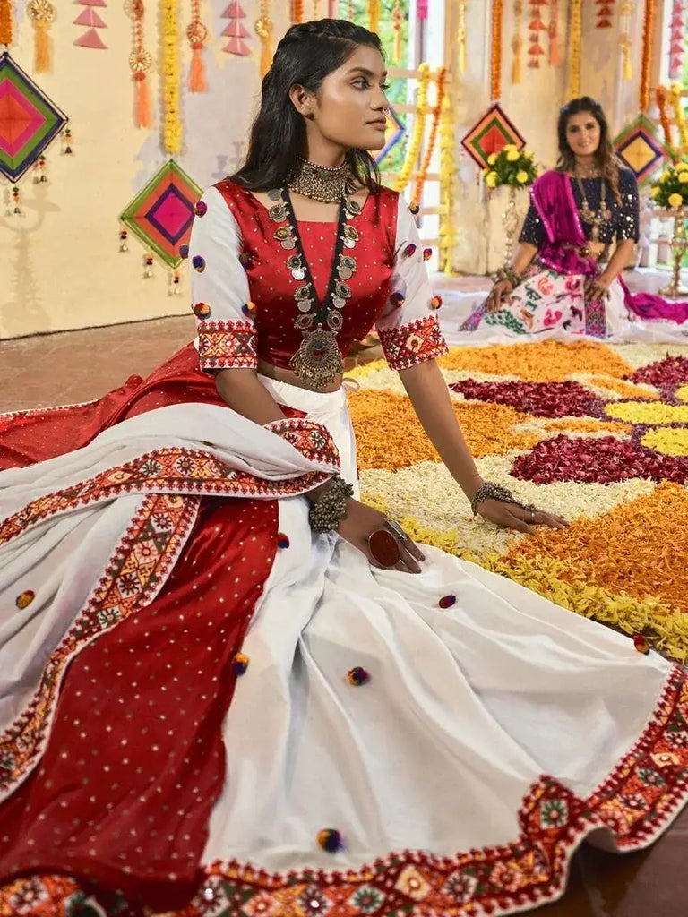 Traditional White & Red Embroidered Cotton Navratri Ghaghra Choli