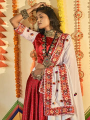 Traditional White & Red Embroidered Cotton Navratri Ghaghra Choli