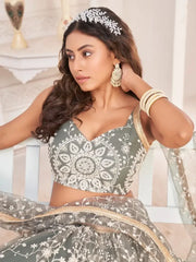 Stunning Grey Thread Embroidered Net Lehenga Choli With Dupatta