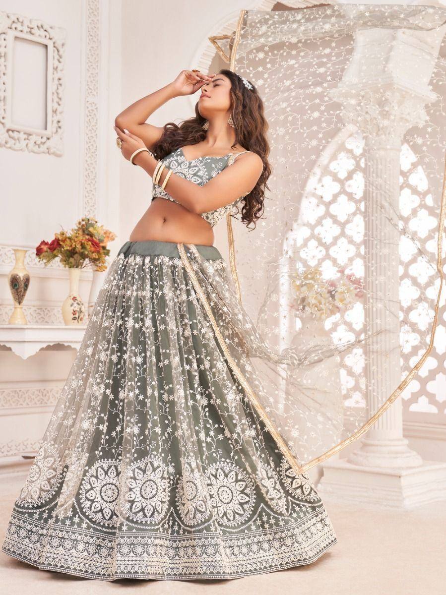 Elegant grey lehenga choli with white floral embroidery, perfect for Indian ethnic wear occasions