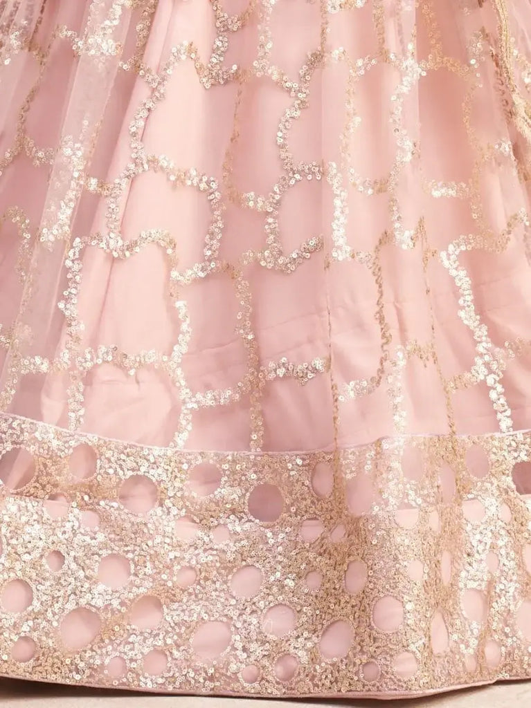 Prominent Pastel Pink Sequins Embroidery Net Lehenga Choli