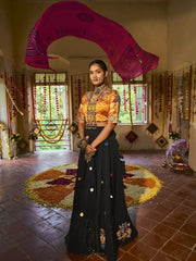 Marvelous Black Embroidered Cotton Traditional Wear Chaniya Choli