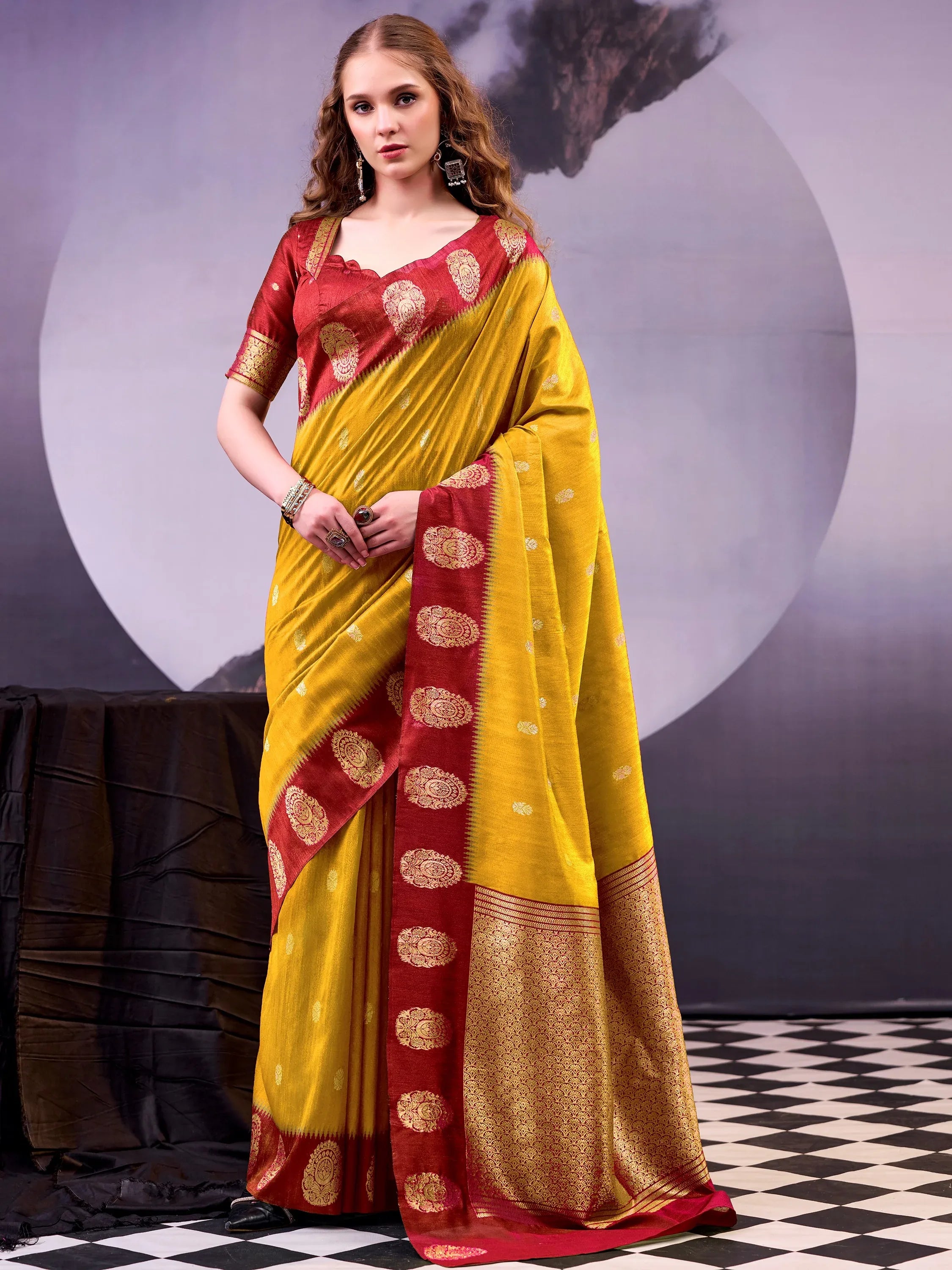 Beautiful Mustard Yellow Zari Weaving Cotton Haldi Wear Saree With Blouse