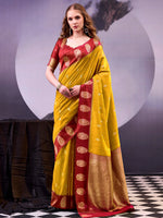 Beautiful Mustard Yellow Zari Weaving Cotton Haldi Wear Saree With Blouse