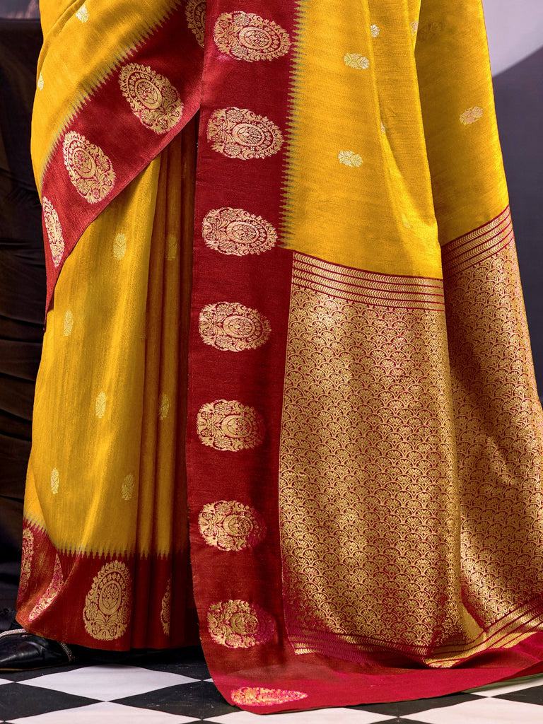 Beautiful Mustard Yellow Zari Weaving Cotton Haldi Wear Saree With Blouse