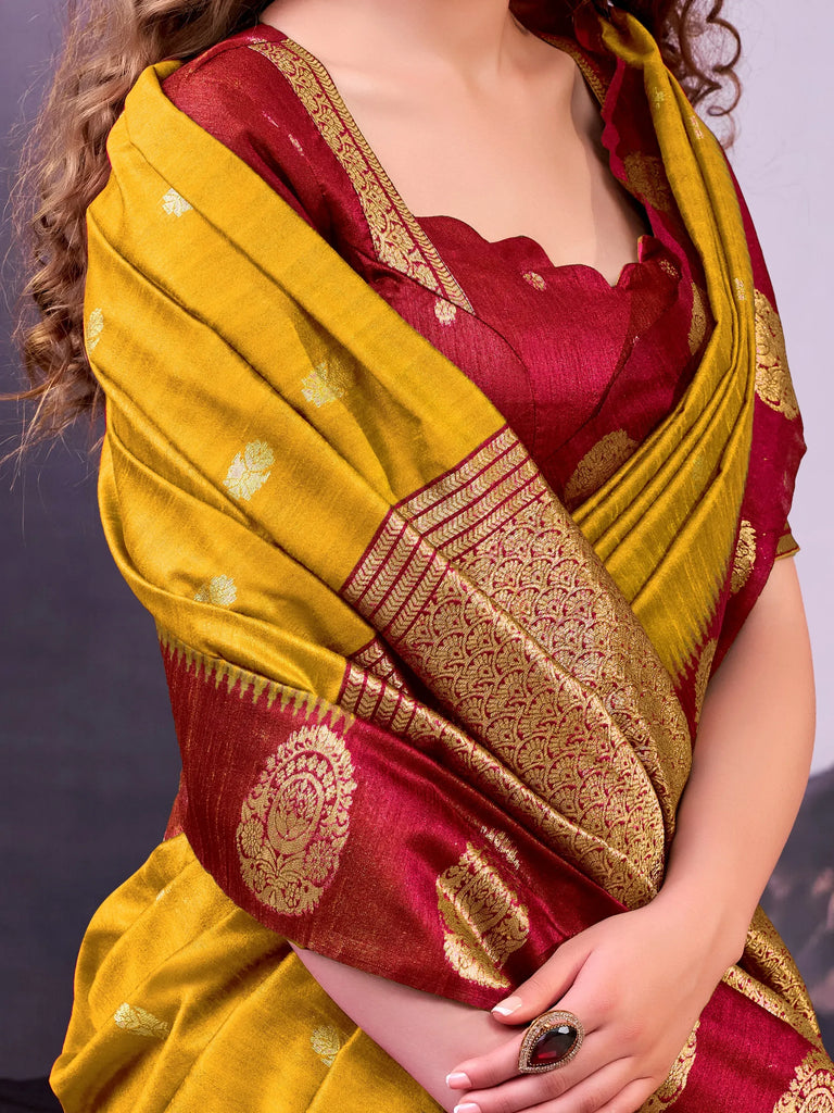Beautiful Mustard Yellow Zari Weaving Cotton Haldi Wear Saree With Blouse