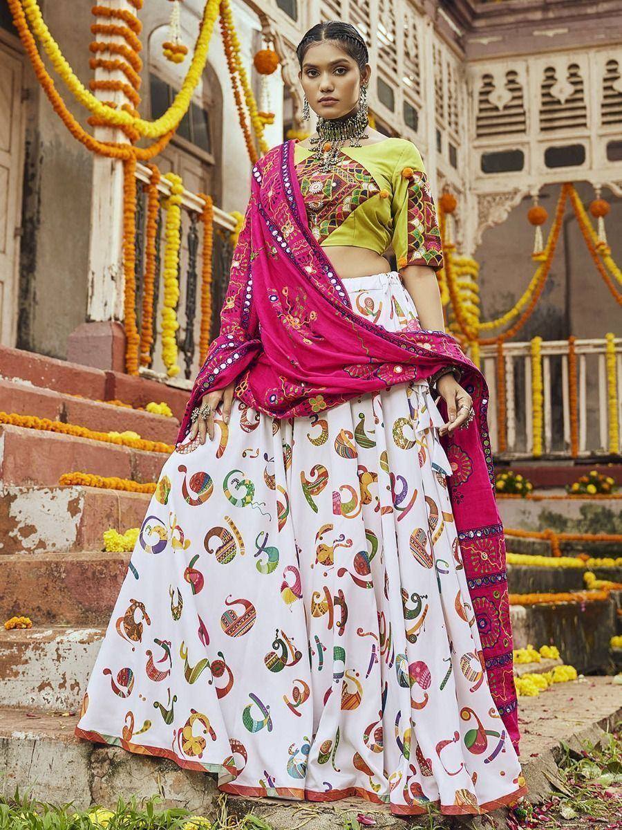 Colorful printed lehenga choli with pink dupatta, perfect for Indian ethnic occasions and festivals