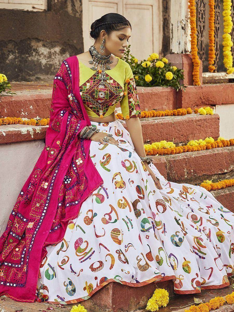 Gorgeous White Cotton Digital Print Navratri Special Chaniya Choli