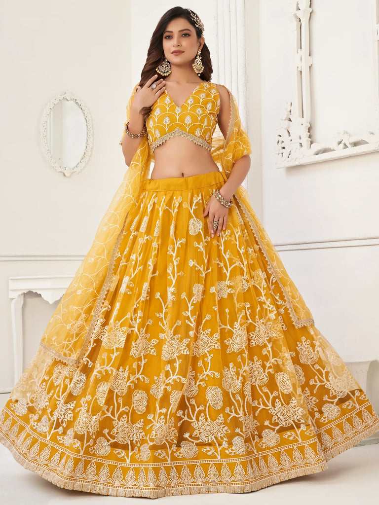 Appealing Mustard Yellow Embroidered Net Haldi Wear Lehenga Choli