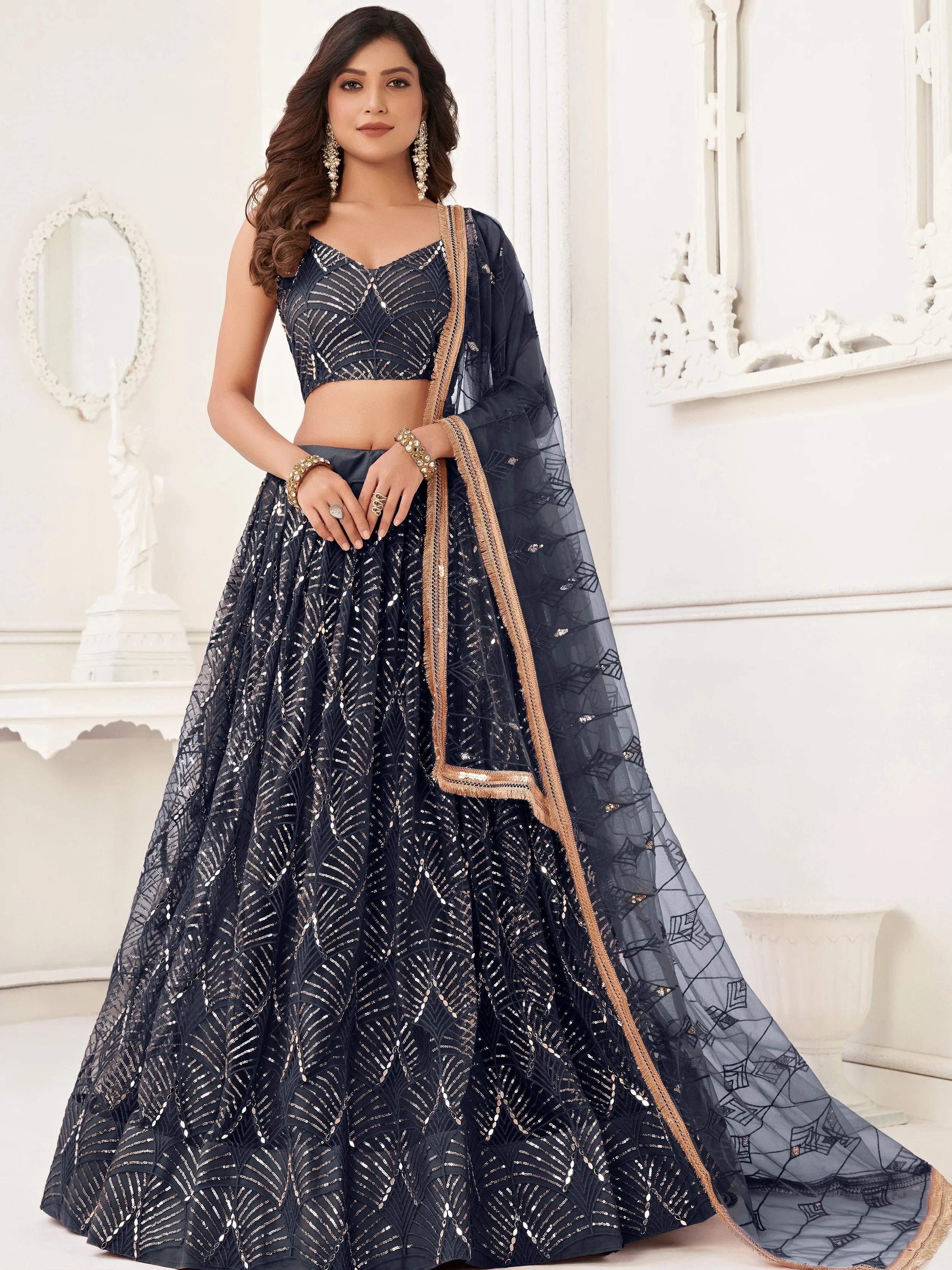 Beautiful Black Sequins Net Reception Wear Lehenga Choli With Dupatta