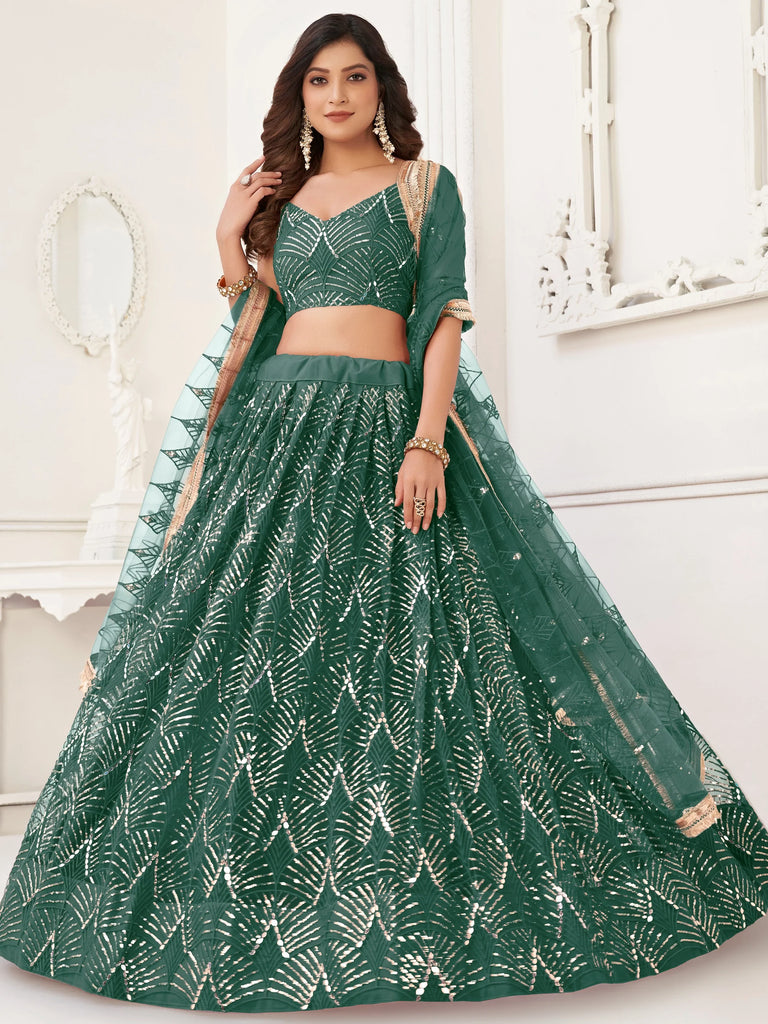 Outstanding Green Sequins Net Party Wear Lehenga Choli With Dupatta