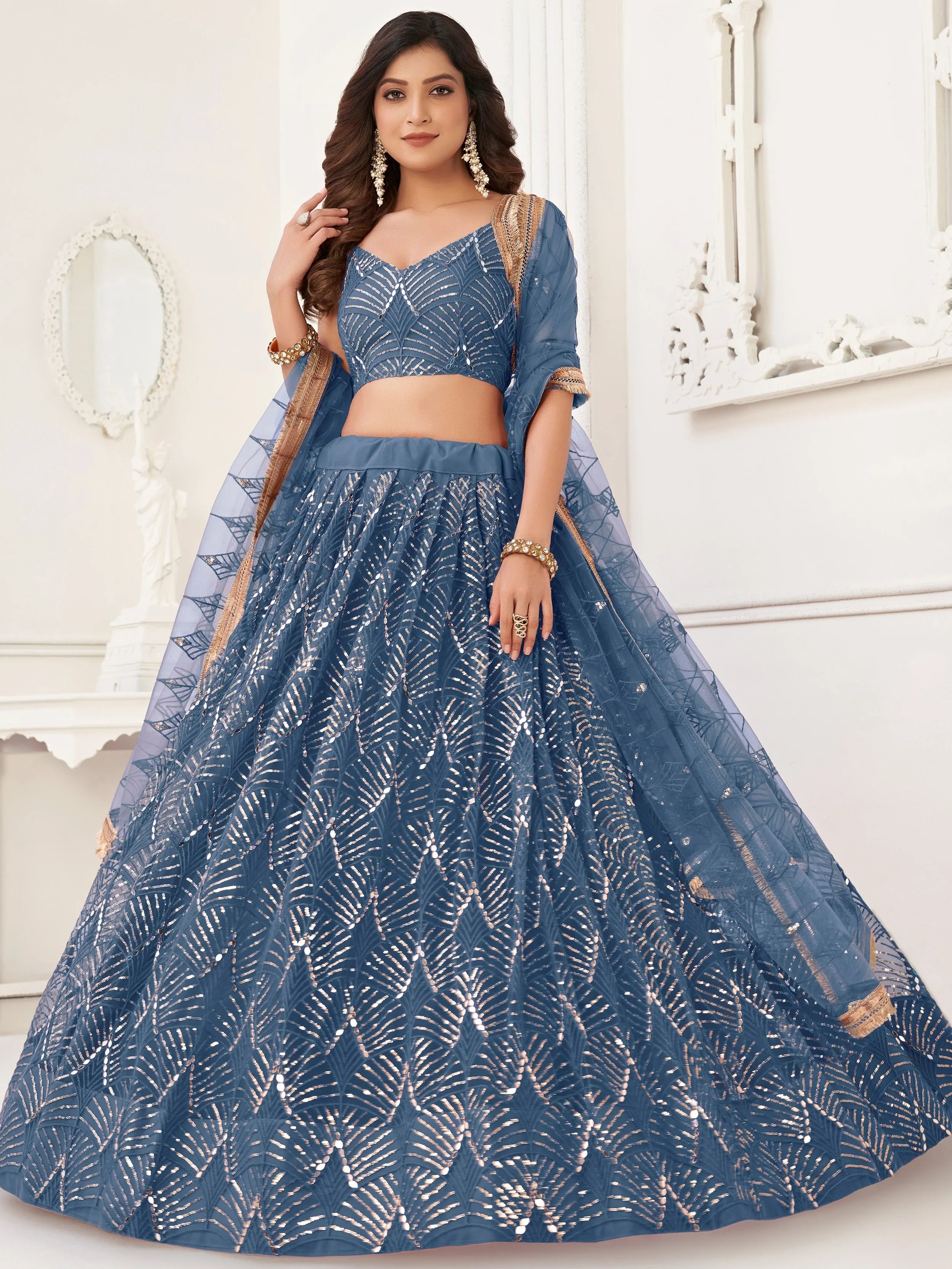 Wonderful Blue Sequins Net Bridesmaid Lehenga Choli With Dupatta