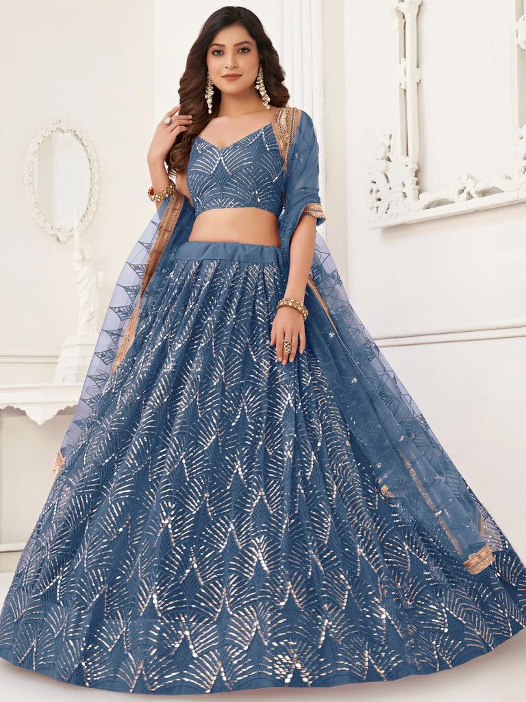 Wonderful Blue Sequins Net Bridesmaid Lehenga Choli With Dupatta