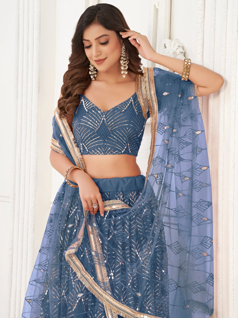 Wonderful Blue Sequins Net Bridesmaid Lehenga Choli With Dupatta