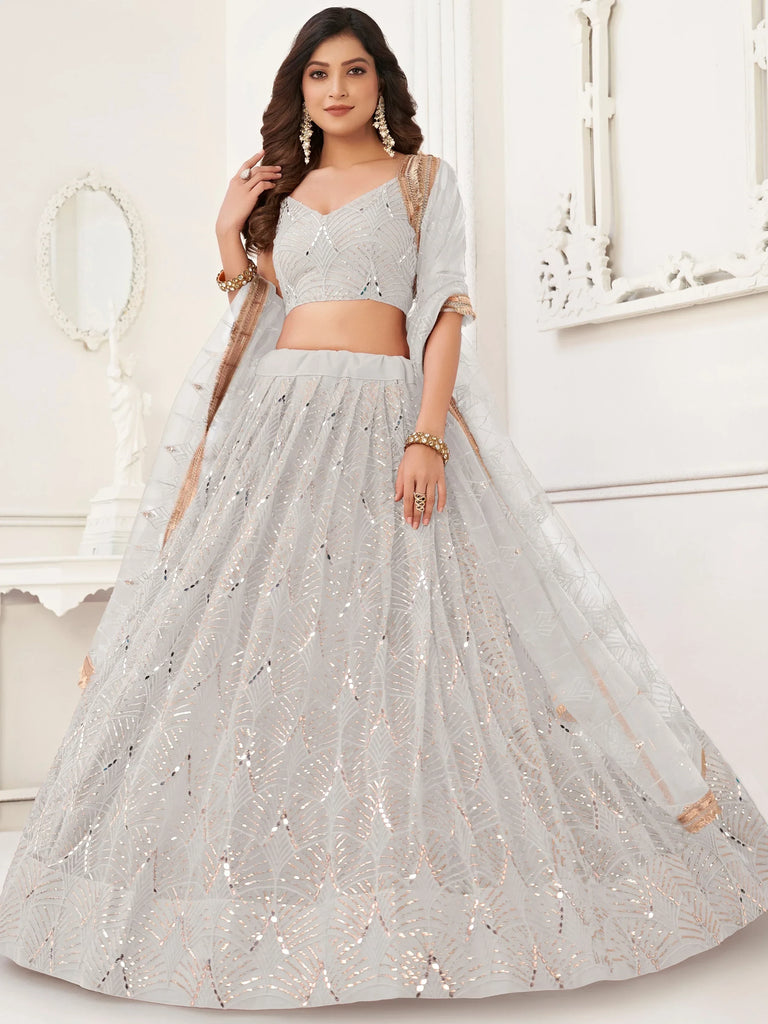 Gorgeous Off-White Sequins Net Wedding Lehenga Choli With Dupatta