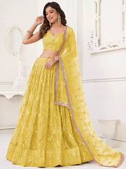 Astonishing Yellow Thread Work Net Function Wear Lehenga Choli