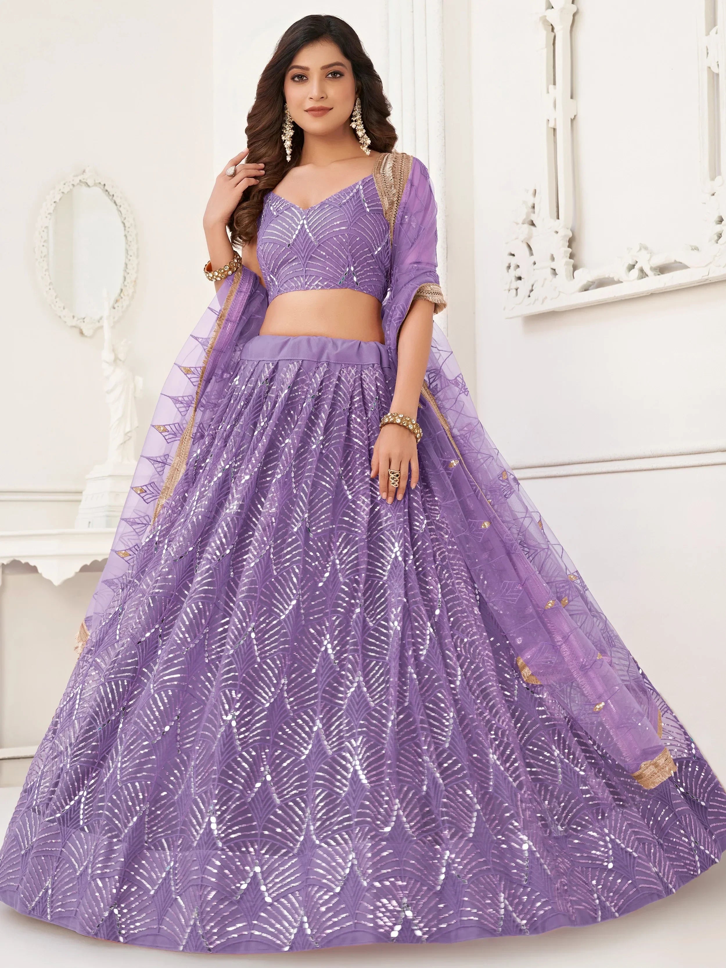 Incredible Lavender Thread Work Net Designer Lehenga Choli