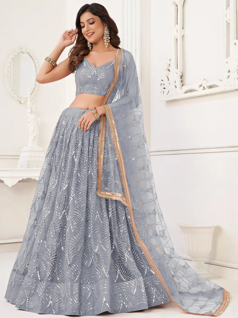 Excellent Grey Thread Work Net Bridesmaid Lehenga Choli With Dupatta