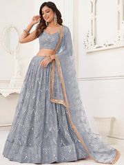 Excellent Grey Thread Work Net Bridesmaid Lehenga Choli With Dupatta